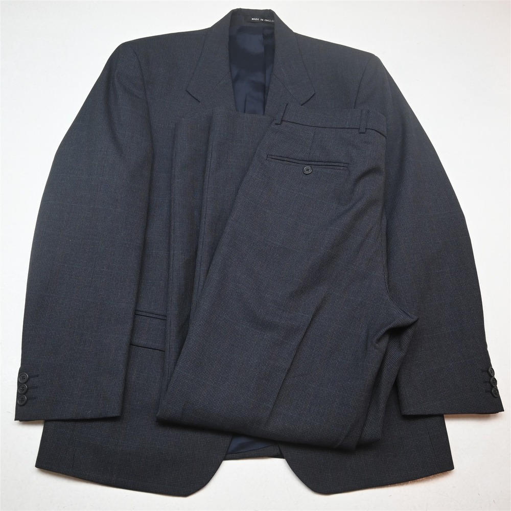 Alexandre of England 40R 32x32 Blue Houndstooth Check 100% Wool Mens Suit
